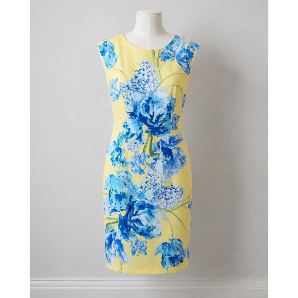 Karin Stevens Yellow Blue Floral Tulip Sheath Dress Sleeveless Size 8 NWT